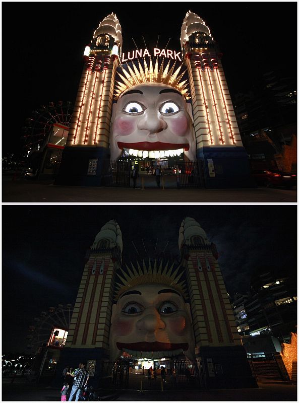 Combo photo of the entrance to the Sydney amusement park Luna Park before and during Earth Hour