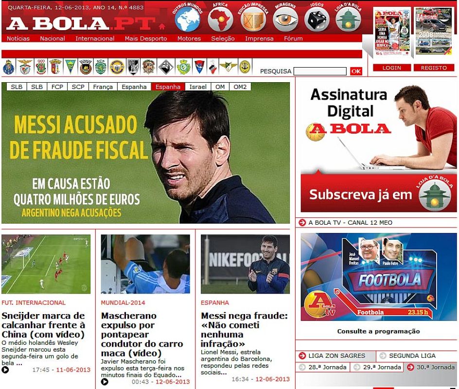 En Portugal, el diario deportivo A Bola dedica a Messi la apertura.