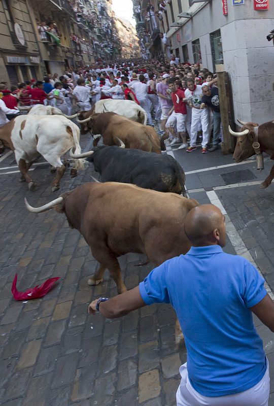 First bull run in Fiesta de San Fermin in Pamplona