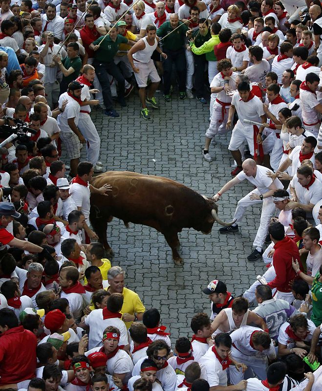 A runner grabs the horn of an Alcurrucen fighting bull during the San Fermin festival in Pamplona