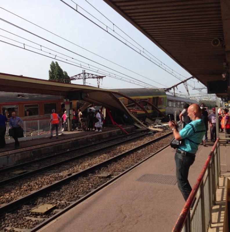 A view of a derailed intercity train after an accident at Bretigny-sur-Orge train station near Paris