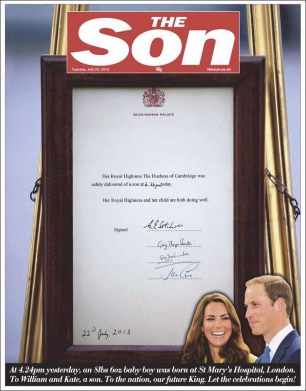 El diario británico 'The Sun' modifica su cabecera con motivo del nacimiento del bebé real