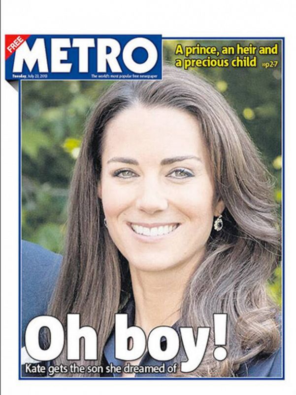 "Kate da a luz al hijo con el que soñaba" titula el gratuito 'Metro'.