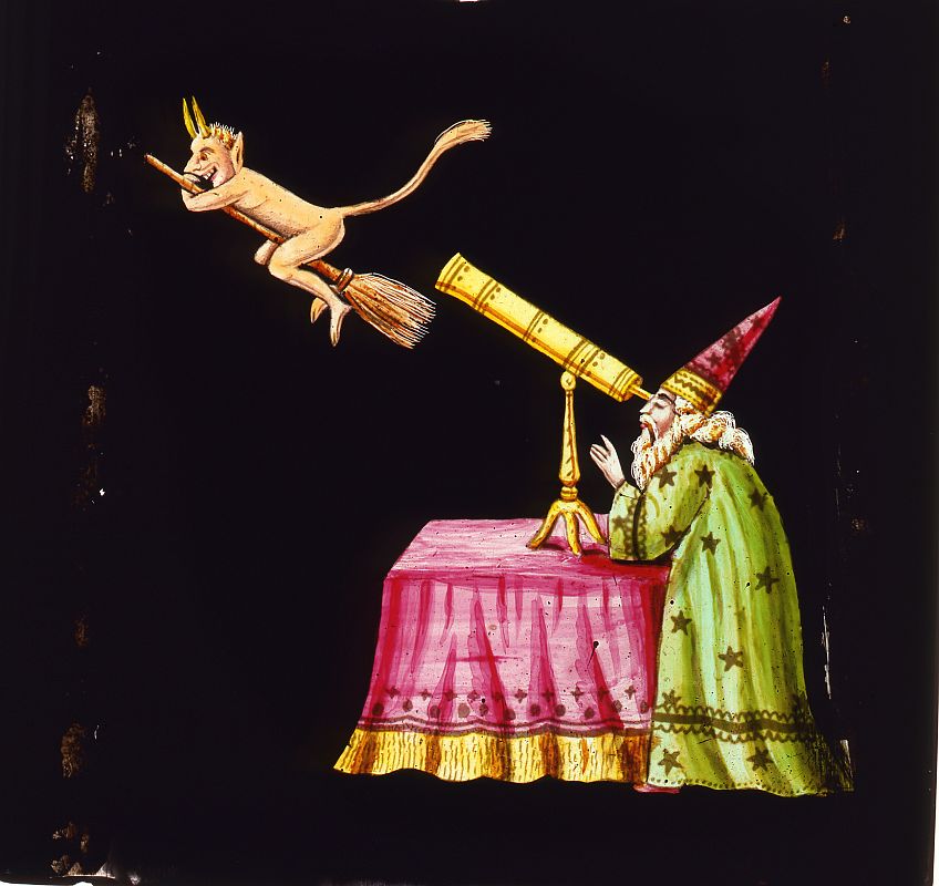 El astrónomo y el monstruo, placa animada de linterna mágica pintada a mano. Segunda mitad del siglo XIX.