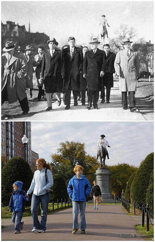 El Jardín Público de Boston; a la izquierda, el entonces congresista Kennedy pasea por él con el expresidente Truman en 1952, durante su campaña para el Senado