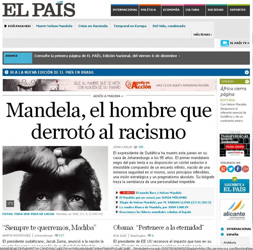 'El País', en su versión digital, abre la portada con el titular "Mandela, el hombre que derrotó al racismo".