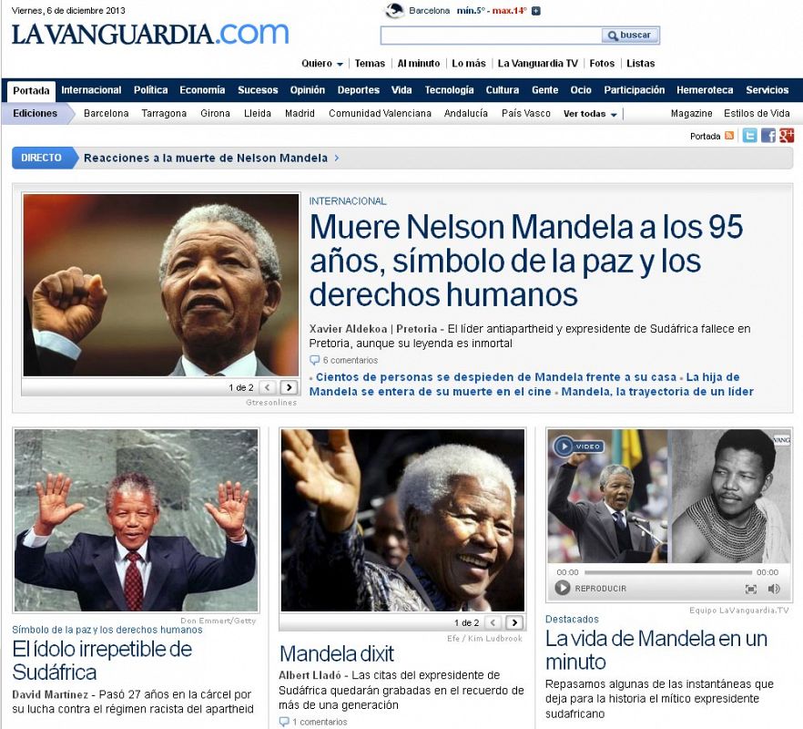 'La Vanguardia' titula también en memoria del expresidente sudafricano: "Muere Nelson Mandela a los 95 años, símbolo de la  paz y los derechos humanos"