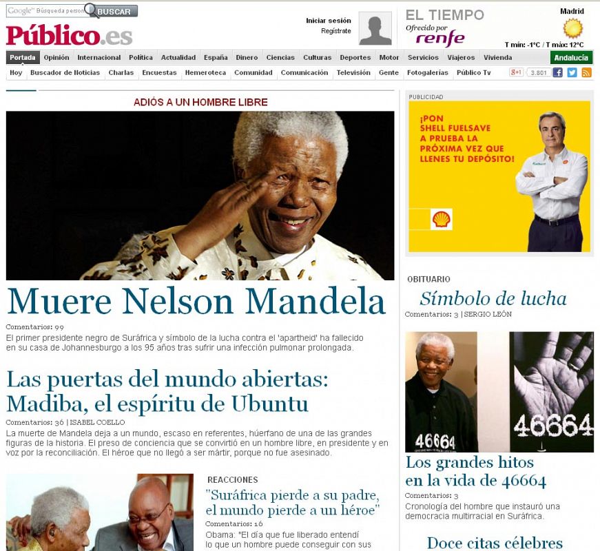 El diario digital Público titula "Muere Nelson Mandela", y añade "Las puertas del mundo abiertas: Madiba, el espíritu de Ubuntu"