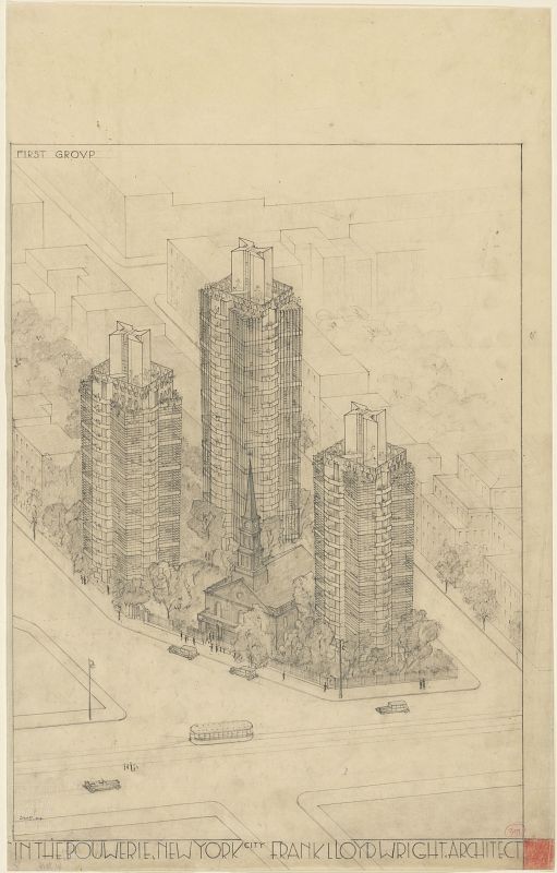 St. Mark's-in-the-Bouwerie Towers, Nueva York. 1927-31. Perspectiva aérea. Grafito y lápiz de color sobre papel de calco, 23 3/4 x 15" (60.3 x 38.1 cm).