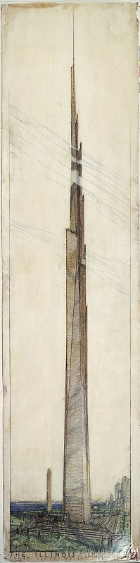 Mile High, Chicago. 1956. Perspectiva. Lápiz, lápiz de color y tinta sobre papel de calco, [100 x 17" (254 x 44.5 cm)] y [100 x 17" (254 x 44.5 cm)].