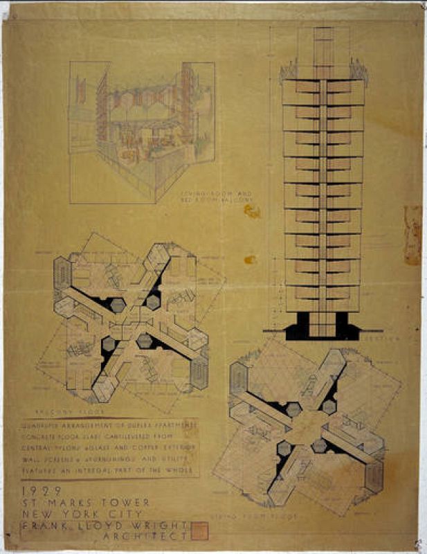  St. Mark's-in-the-Bouwerie Tower, Nueva York. 1927-31. Perspectiva interior, sección y plantas de la sala de estar y niveles de balcón. Tinta, lápiz y lápiz de color sobre cortina de ventana, 47 x 35" (119.4 x 88.9 cm).