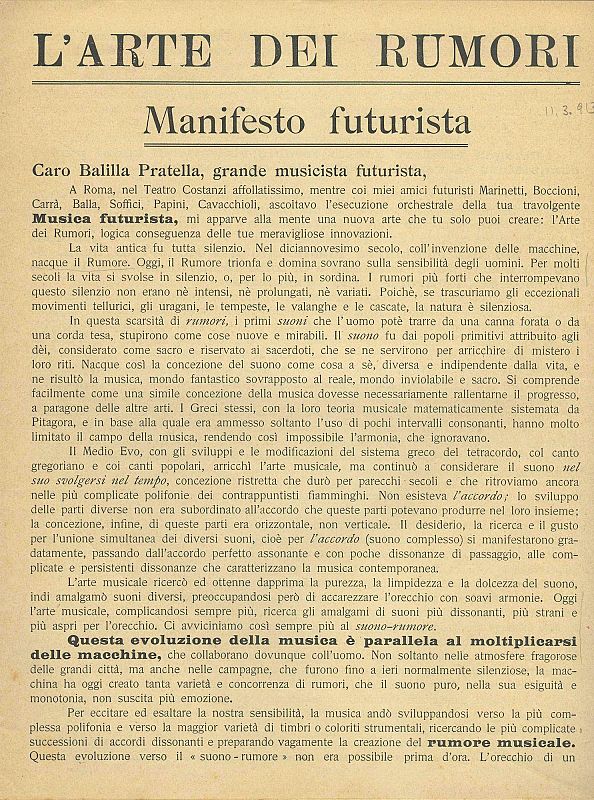 "El arte del ruido: Manifiesto Futurista" (¿L¿arte dei rumori: Manifesto futurista¿), de Luigi Russolo (1913)