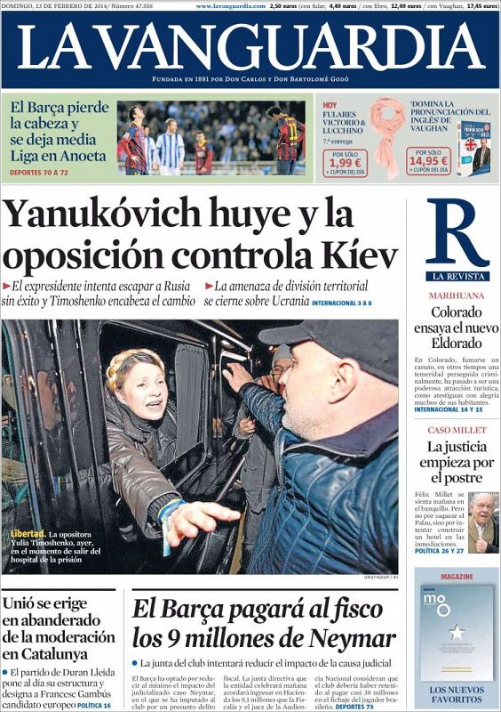 'La Vanguardia' destaca la marcha de Yanukóvich y el control opositor en Kiev