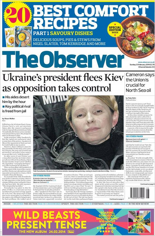 "El presidente ucraniano huye de Kiev y la oposición toma el control", titula 'The Observer'