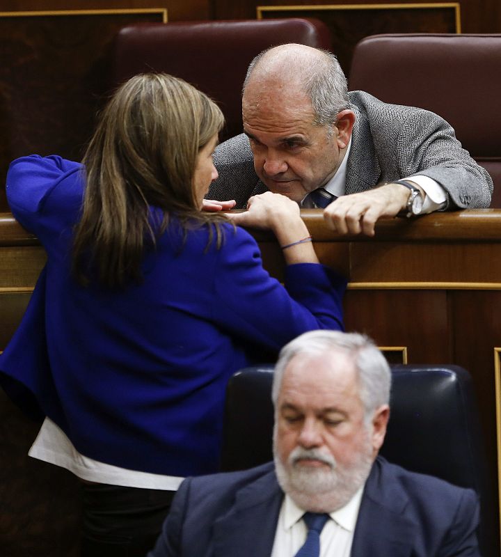 La ministra de Sanidad, Ana Mato, conversa con el diputado socialista Manuel Chaves