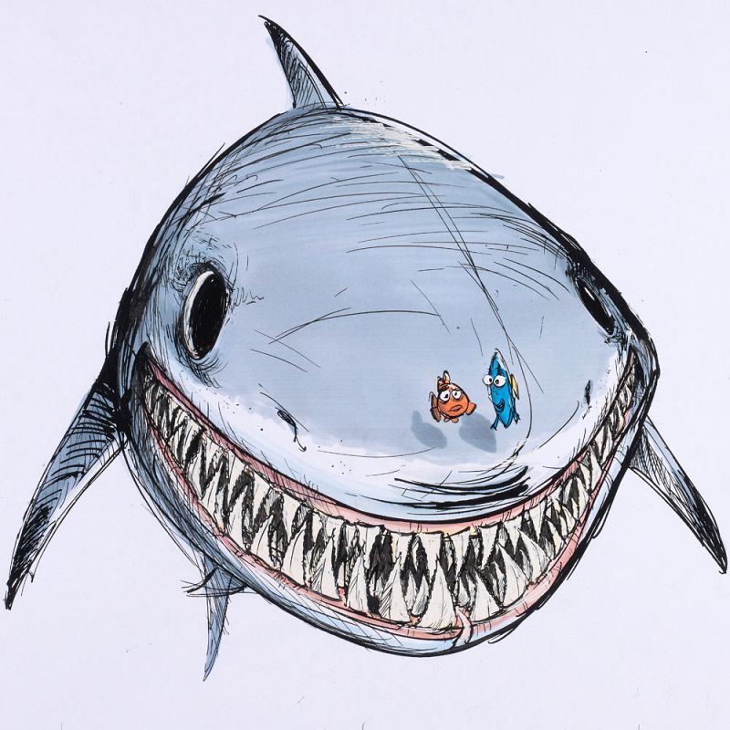 Ricky Nierva. Dory, Nemo y Bruce (Buscando a Nemo, 2003). Tinta, rotulador y líquido corrector sobre papel
