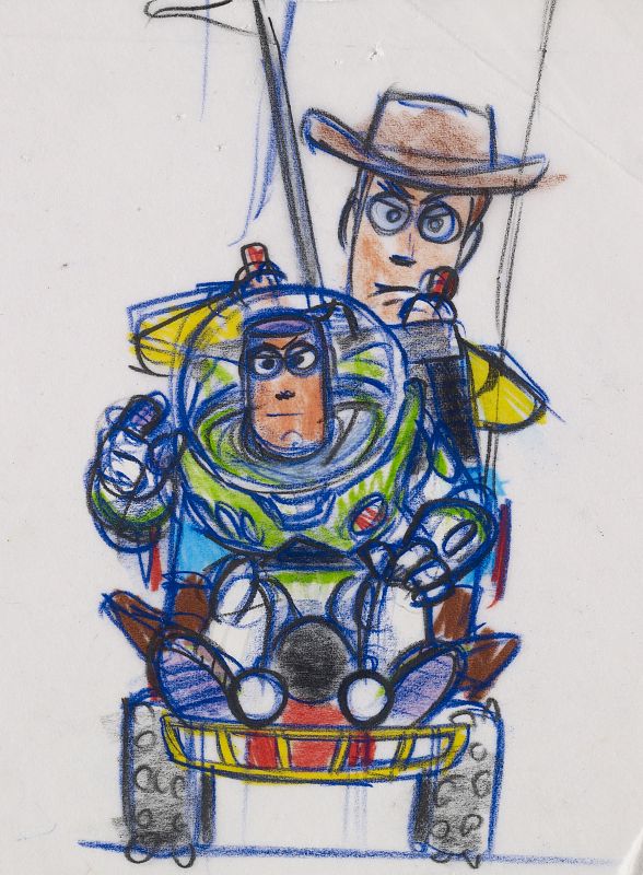 Bob Pauley. Woody y Buzz (Toy Story, 1995). Reproducción a rotulador y lápiz.