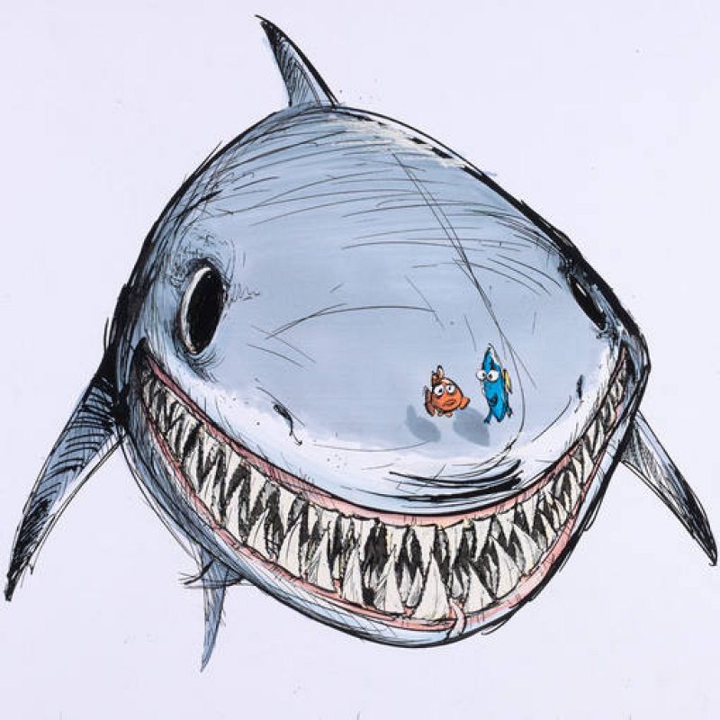 Ricky Nierva. Dory, Nemo y Bruce (Buscando a Nemo, 2003). Tinta, rotulador y líquido corrector sobre papel 