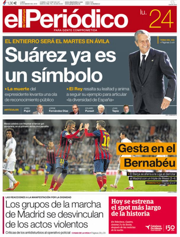 Por su parte, 'El Periódico' considera que "Suárez es ya un símbolo" y destaca que la muerte del expresidente levanta una ola de reconocimiento público.