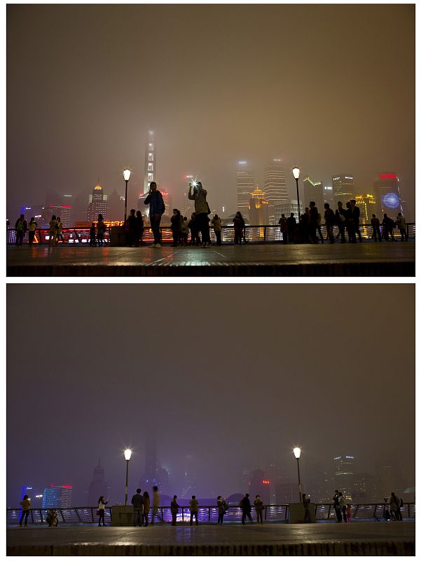 Combination photo shows the Bund on the banks of the Huangpu River before and during Earth Hour in Shanghai