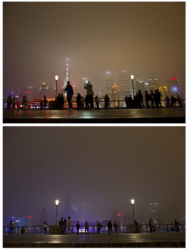 Combination photo shows the Bund on the banks of the Huangpu River before and during Earth Hour in Shanghai