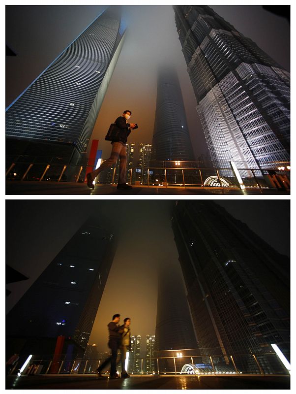 Combo photo shows people walking past skyscrapers Shanghai World Financial Center, Shanghai Tower and Jin Mao Tower before and during Earth Hour at financial district of Pudong in Shanghai