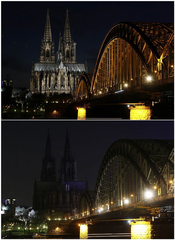 La catedral de Colonia, Patrimonio de la Humanidad por UNESCO, y el puente Hohenzollern, antes y durante el apagón de "La hora del planeta"