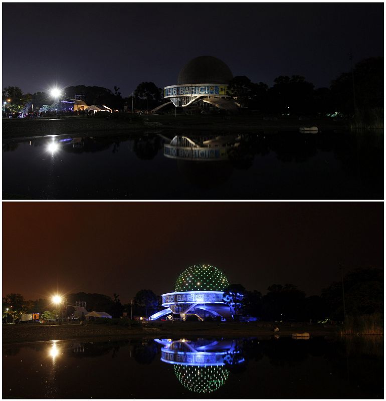 A combination picture shows the Galileo Galilei planetarium during and after Earth Hour in Buenos Aires