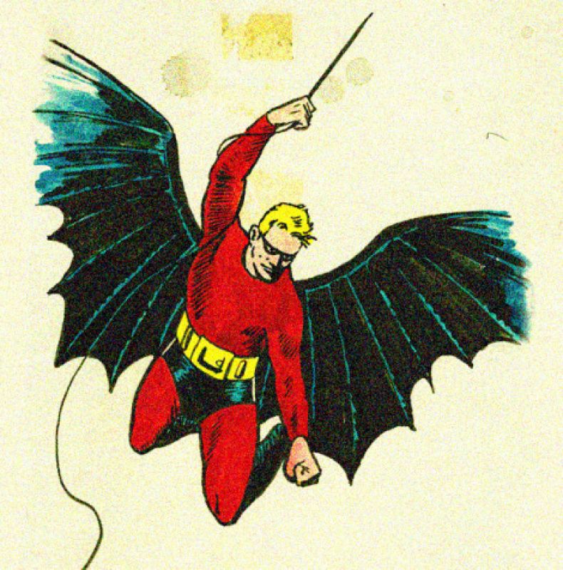 El primer boceto de Batman de Bob Kane antes de la intervención del guionista Bill Finger, cuyas ideas dieron el aspecto definitivo al personaje 