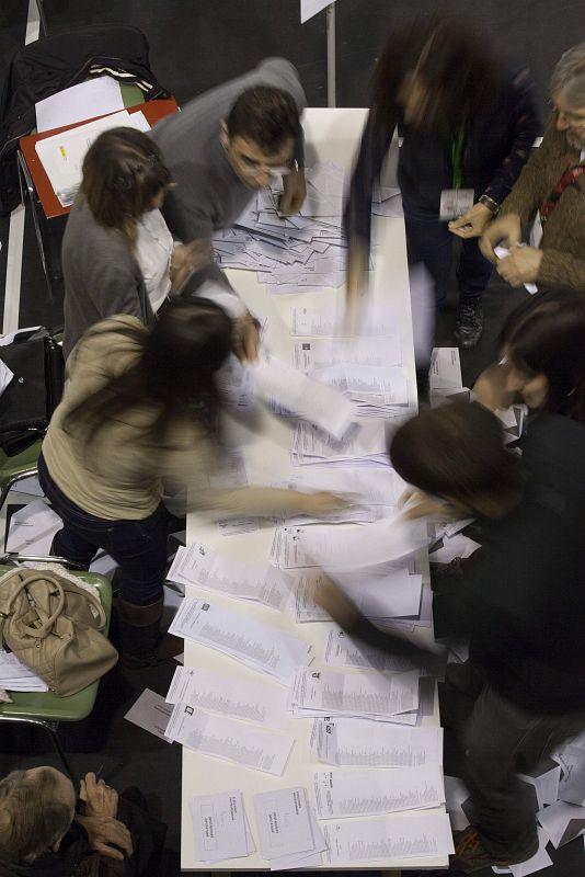 Los miembros de una mesa proceden al recuento de los sufragios en un colegio electoral en Vitoria, al cierre de las mesas electorales.