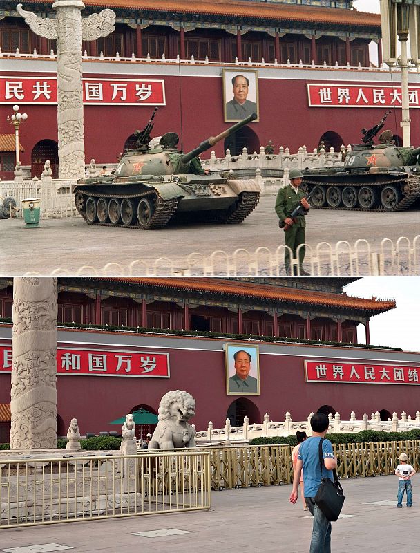 Tanques del Ejército Popular de Liberación custodiaban la plaza el 9 de junio de 1989 (arriba).