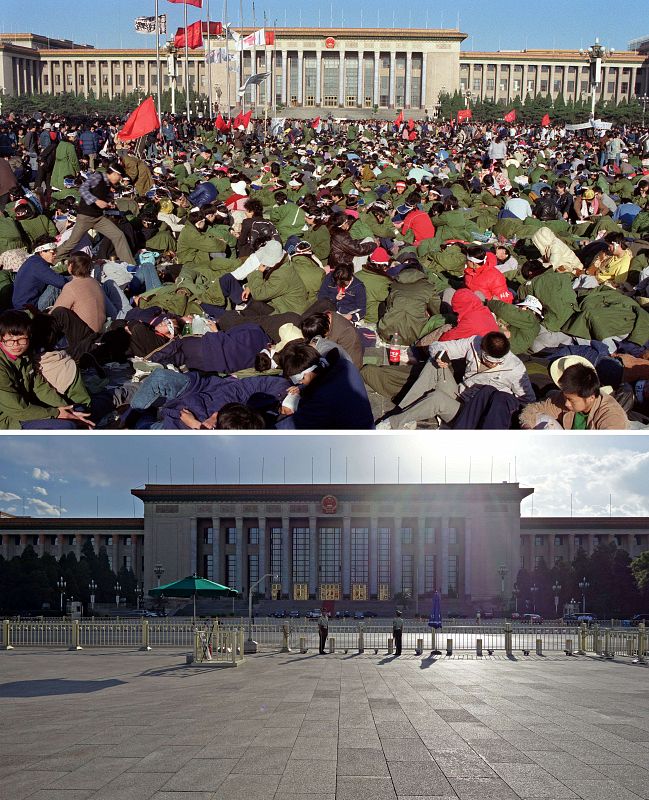 Jóvenes estudiantes en huelga de hambre descansan en la plaza de Tiananamen (arriba), mientras en la imagen de abajo no se ve ni a un turista.