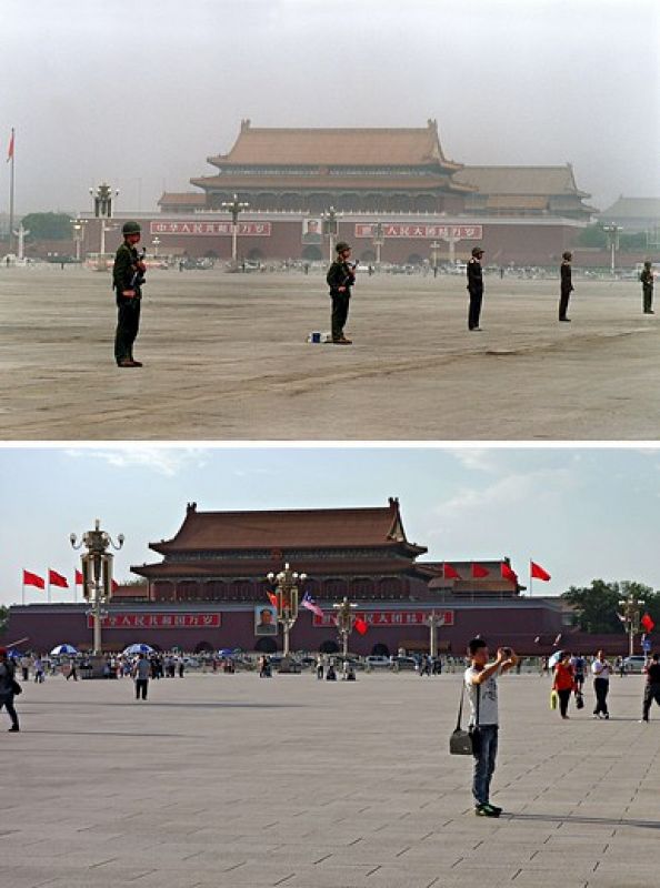 Turistas (abajo) en lugar de soldados (arriba) en la plaza de Tiananmen.