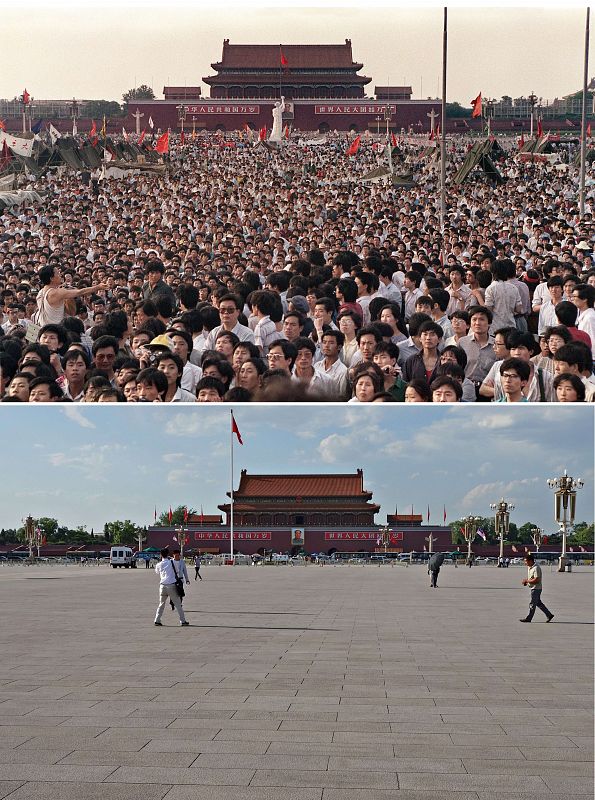 Miles de de personas desafiaron el 2 de junio de 1989 la ley marcial (arriba)