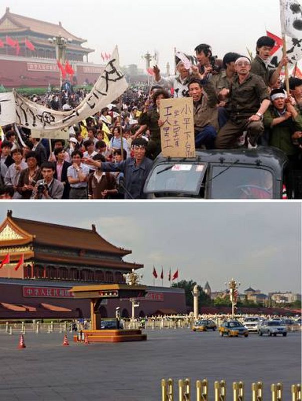  Arriba, un grupo de trabajadores se manifiesta para apoyar las protestas estudiantiles. Abajo, un control policial domina la plaza. 