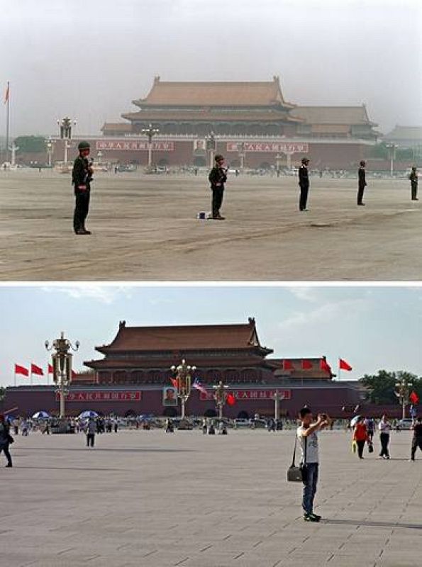  Turistas (abajo) en lugar de soldados (arriba) en la plaza de Tiananmen. 