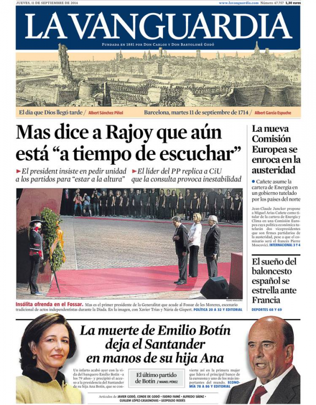 'La Vanguardia' también hace referencia en su primera página a la muerte del banquero.