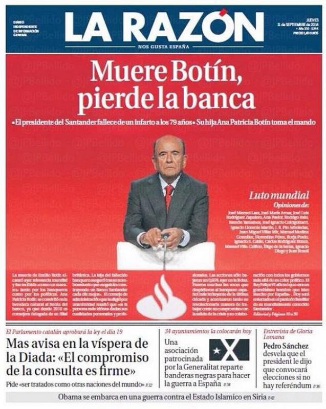 'La Razón' destaca "Muere Botín, pierde la banca. El presidente del Santander muere de un infarto a los 79 años".