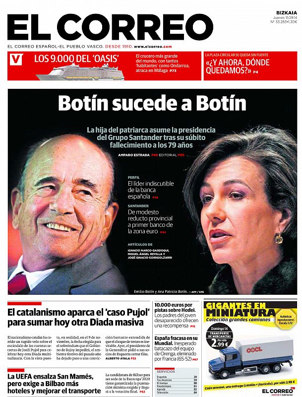 Por último, 'El Correro' señala que "Botín sucede a Botín. La hija del patriarca asume la presidencia del Grupo Santander".