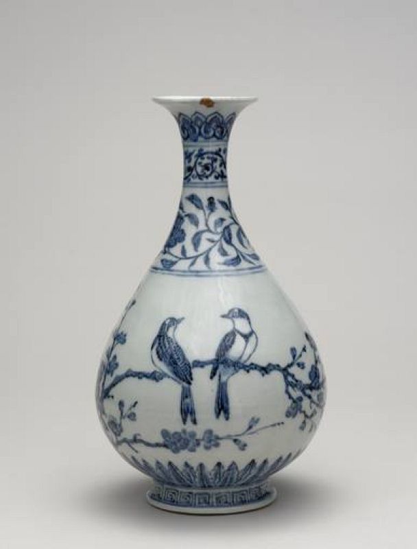 Botella de porcelana decorada con azul cobalto cristalizado. Época Yongle, 1403-24, Jiangxi 