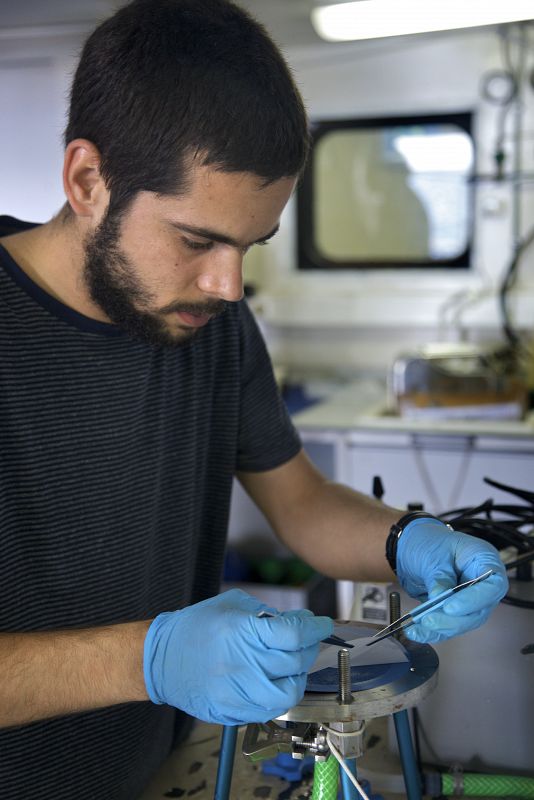 Un científico analiza muestras tomadas durante la expedición Malaspina.