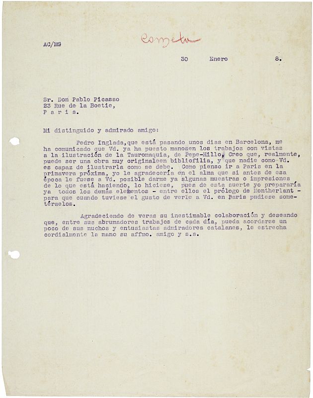 Carta de Gustau Gili i Roig a Pablo Picasso (30/01/1928)