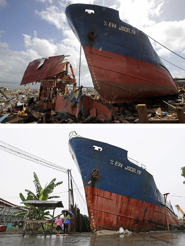 El mismo barco encallado por Haiyan tras el paso del tifón y un año después