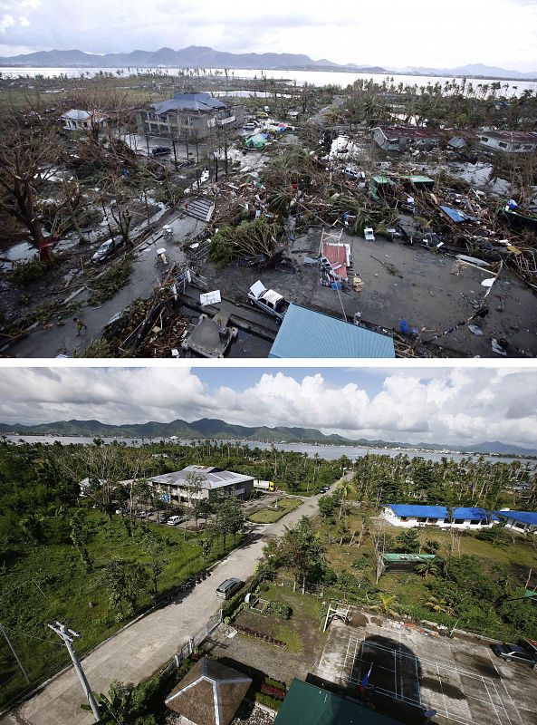 Vista aérea de la devastación en Tacloban tras el paso del tifón Haiyan y la misma zona en 2014