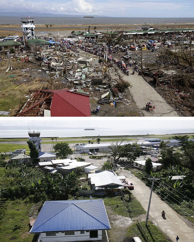Devastación en el aeropuerto de Tacloban tras el paso del tifón Haiyan y su recuperación un año después