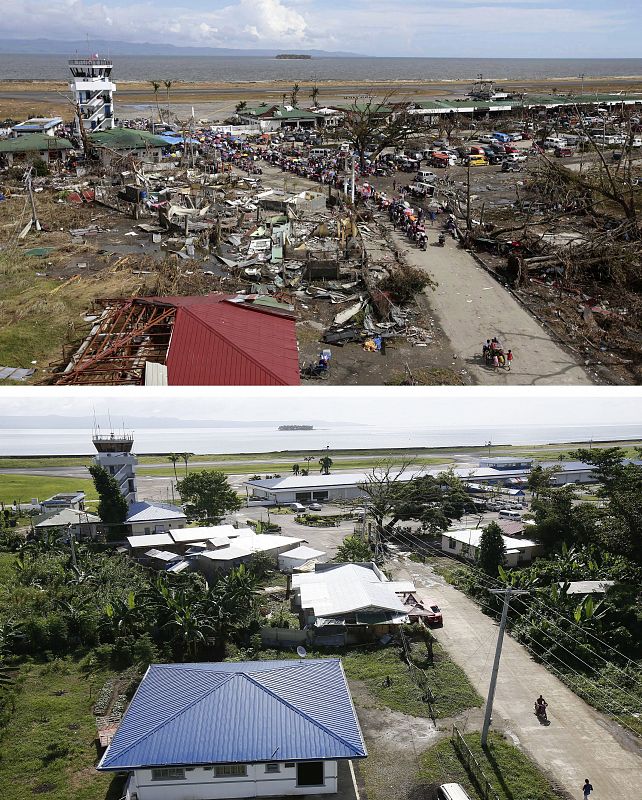 Devastación en el aeropuerto de Tacloban tras el paso del tifón Haiyan y su recuperación un año después