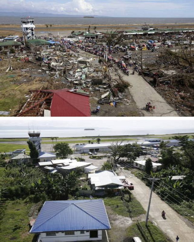 Devastación en el aeropuerto de Tacloban tras el paso del tifón Haiyan y su recuperación un año después