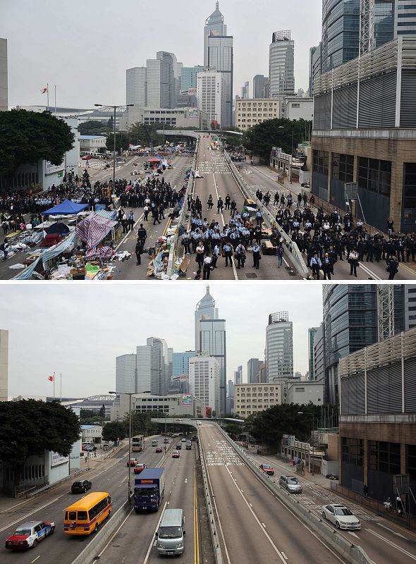Arriba, la Policía preparada para desalojar a los manifestantes; abajo, Admiralty este viernes, 12 de diciembre