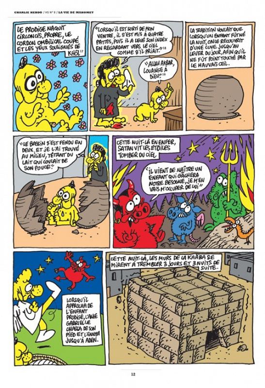 Extracto del cómic 'La vida de Mahoma' donde se muestran de forma jocosa los acontecimientos del día del nacimiento del profeta.