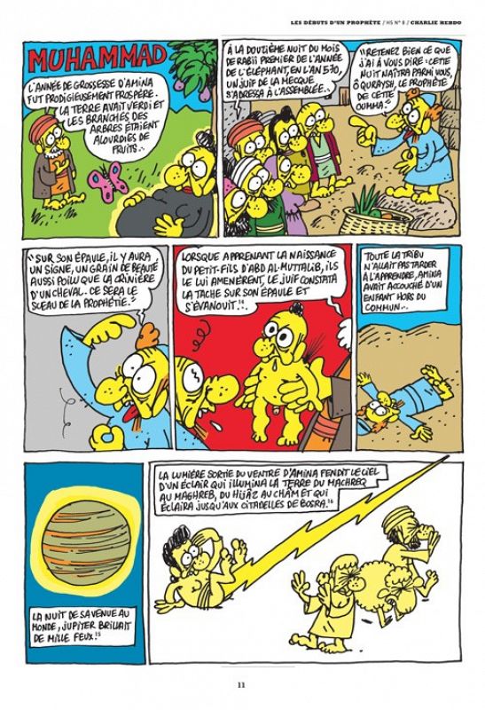 Página que narra el embarazo de Amina, la madre de Mahoma, y el posterior nacimiento con una parodia del lenguaje de los textos religiosos.